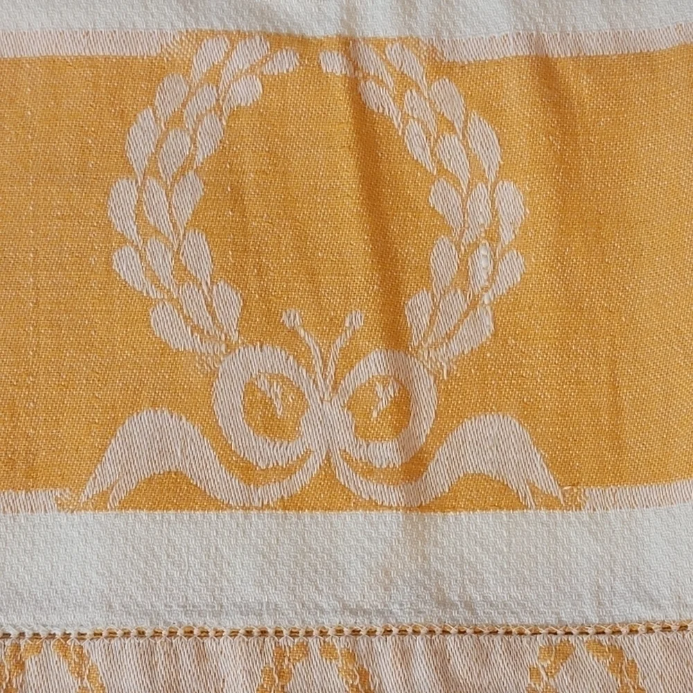Vintage 50's Woven Tea Towels Jacquard Wreath Bow Ivory Orange Bundle 2 Linen